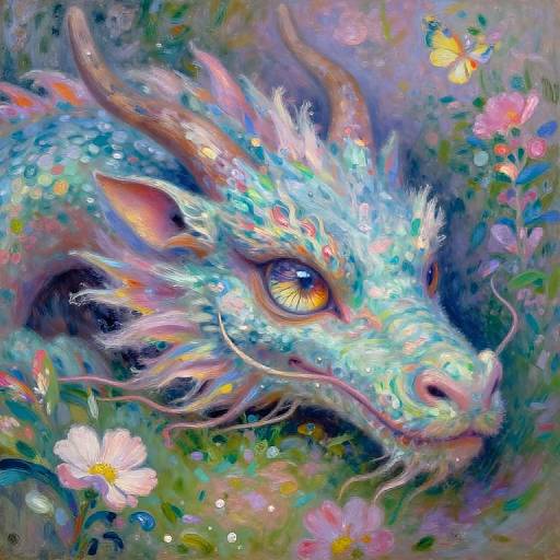 Digital painting of a vibrant, iridescent dragon with multicolored scales, glowing yellow eye, surrounded by colorful flowers and a butterfly, in a