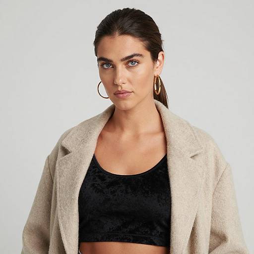 Woman in Black Velvet Crop Top and Beige Coat
