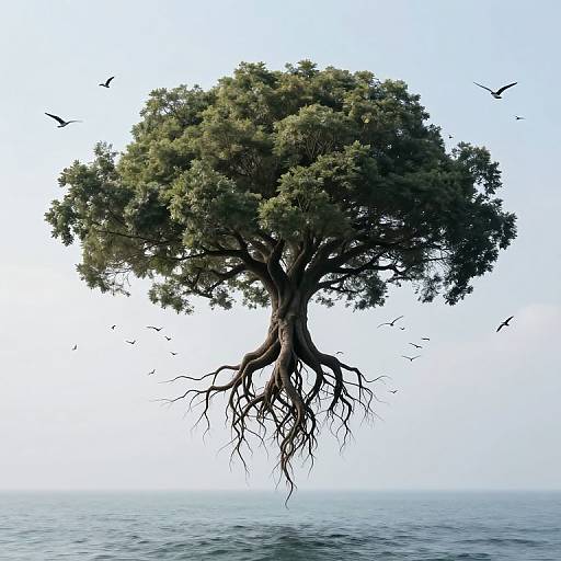 Photorealistic image of a floating tree with green foliage and exposed roots, surrounded by flying birds, over a calm blue ocean.