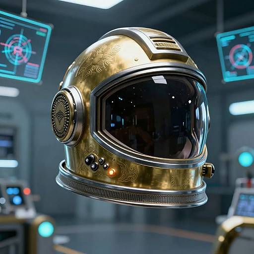 Digital artwork of a futuristic, gold-colored space helmet with intricate patterns, large black visor, and control buttons, hanging in a high-tech, blue