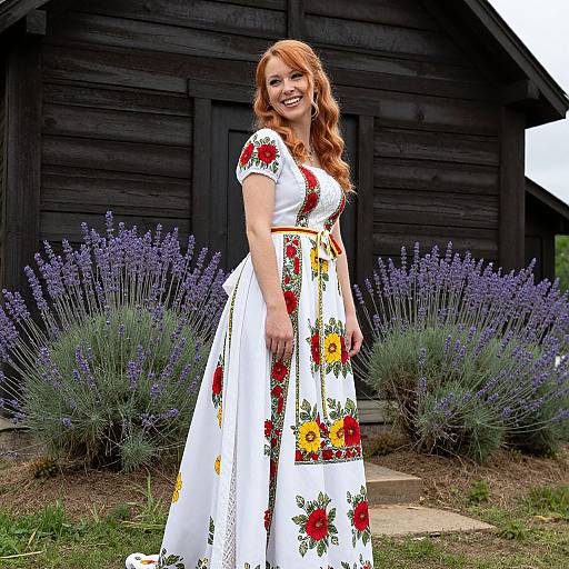 Photograph of a smiling red-haired woman in a white floral dress, standing in front of a dark wooden house with lavender bushes.