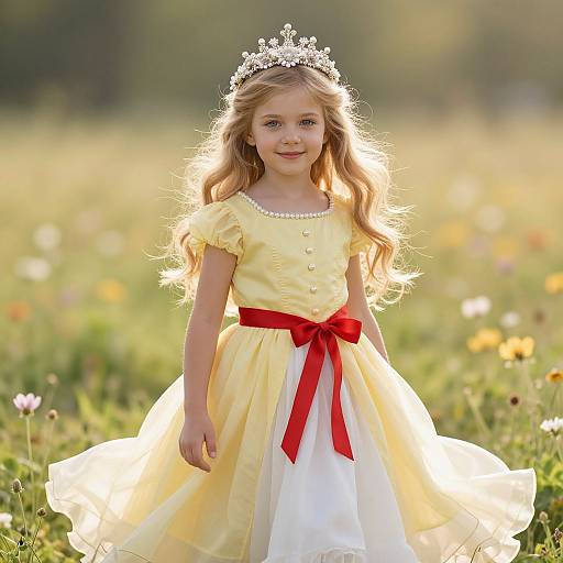 Photograph of a young blonde girl with wavy hair, wearing a yellow dress with red ribbon, white petticoat, and silver tiara