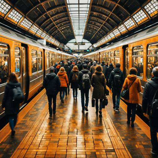 Crowded Train Station with Orange Trains