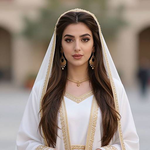 Photograph of a young woman with long dark brown hair, wearing a white traditional dress with gold trim and veil, gold jewelry, and makeup, standing