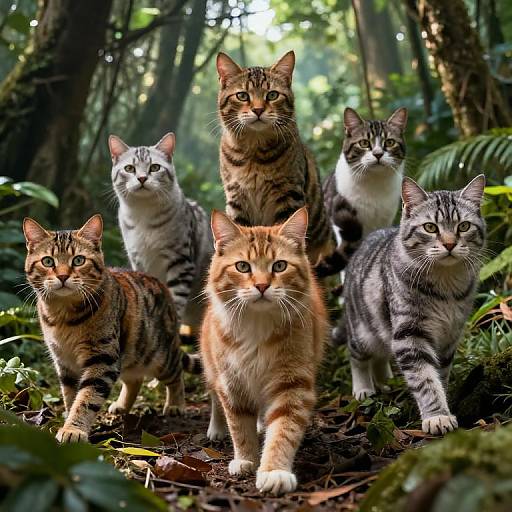 Photograph of six tabby and orange cats with green eyes standing in a dense, sunlit forest, looking directly at the camera.