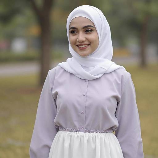 Smiling Woman in White Hijab Outdoors