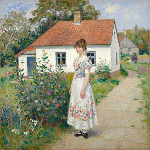 Impressionistic painting of a young woman in a floral dress standing on a path in front of a white cottage with a red roof, surrounded by vibrant