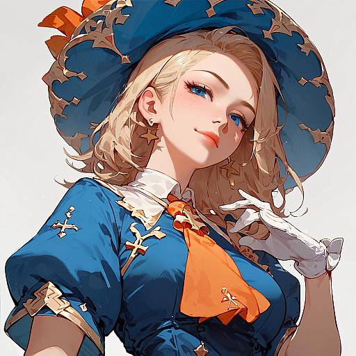 Anime Girl in Blue Dress and Hat