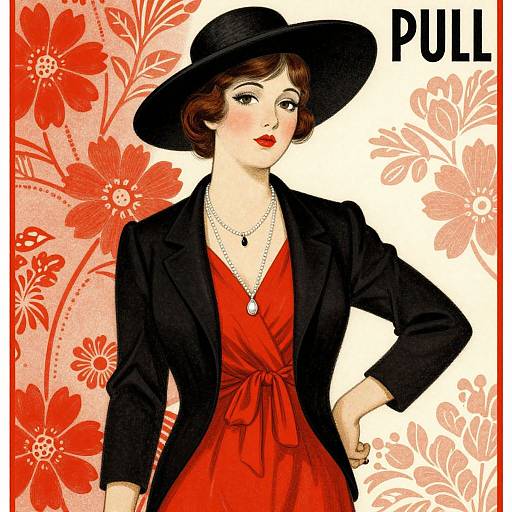 Digital illustration of a stylish woman in a black hat, red dress, and black blazer, with floral background and 
