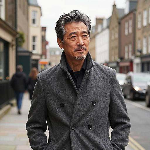 Photograph of a middle-aged Asian man with gray hair and mustache, wearing a gray double-breasted coat, standing on a narrow, urban street