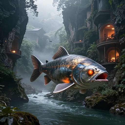 Digital art: A giant, metallic fish with glowing orange eyes swims through a misty, lush canyon with cliffside, candlelit, wooden houses.