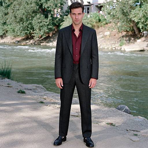 Photograph of a serious-looking man with short brown hair, wearing a dark pinstripe suit and burgundy shirt, standing on a gravel riverbank