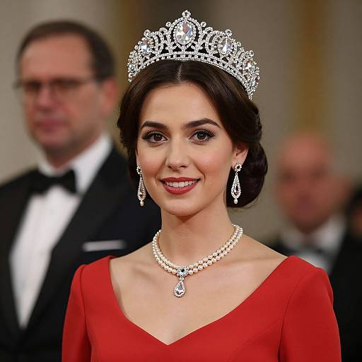 Photograph of a smiling woman with dark hair in an updo, wearing a sparkling tiara, red dress, and pearl necklace, with two blurred
