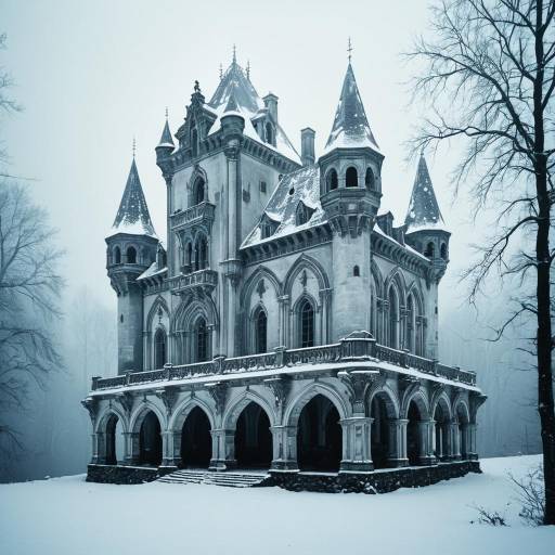 Snow Covered Gothic Castle in Winter