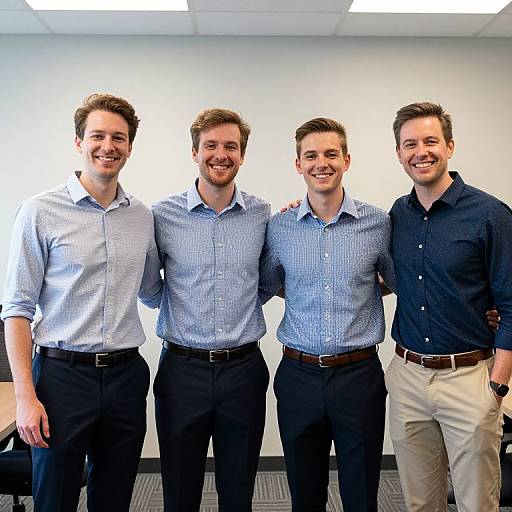 Photograph of five smiling young men in office attire, standing in a brightly lit room, four in light blue and navy shirts, one in dark blue