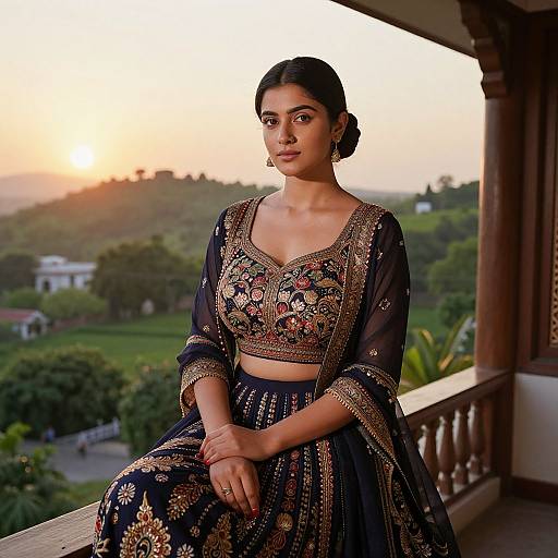 Photograph of an Indian woman in a traditional black and gold embroidered saree, sitting on a balcony at sunset, with a lush, green landscape in