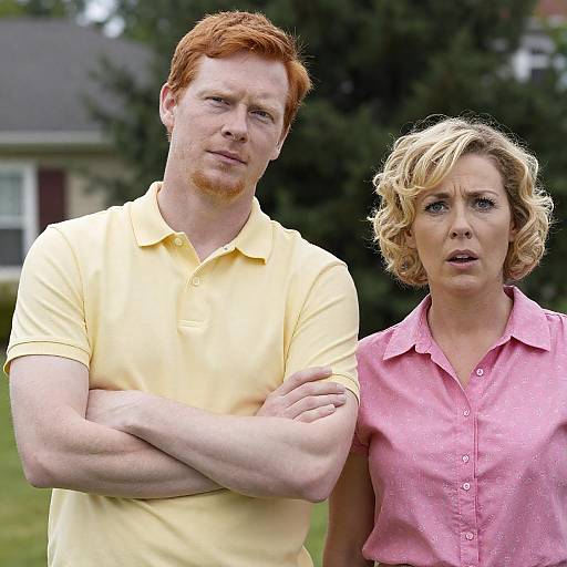 Serious Redhead Man and Surprised Blonde Woman Outdoors