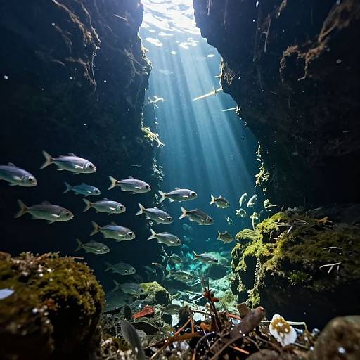 Underwater photograph of sunlight filtering through a dark rocky cave, illuminating a school of silver fish swimming among colorful coral and algae.