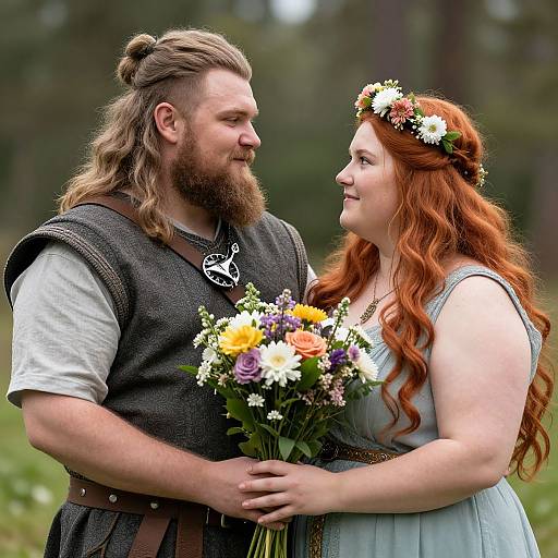 Photograph of a smiling bearded man with long brown hair and a red-haired woman in a flower crown, holding a colorful bouquet, standing in a