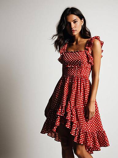 Woman in Red Polka Dot Ruffle Dress