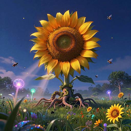 Digital artwork: Giant sunflower with vibrant yellow petals and large brown center, roots emerging from lush, colorful meadow, surrounded by glowing flowers, butterflies