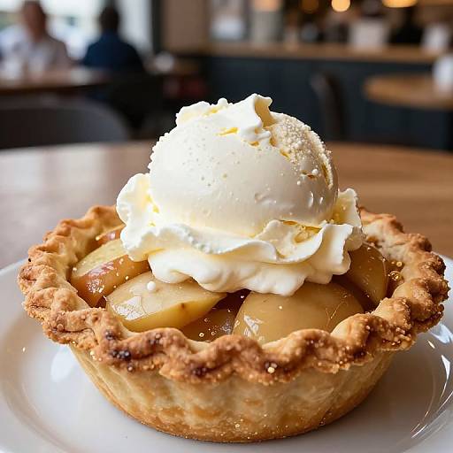 Photograph of a golden-brown, crumb-topped apple tartlet topped with a generous scoop of creamy vanilla ice cream, on a white plate