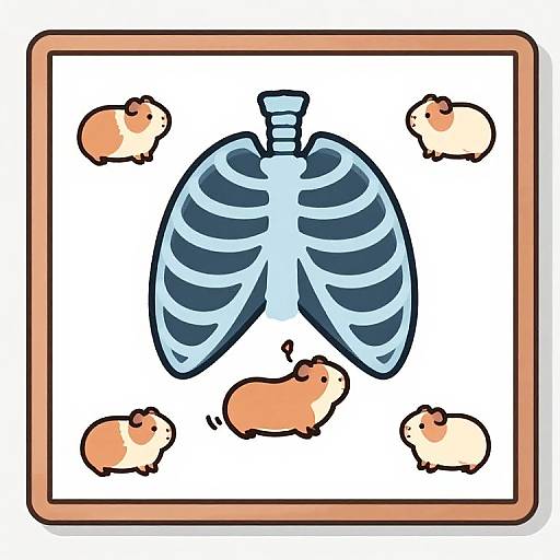Digital drawing of a blue lung silhouette surrounded by five cute orange hamsters on a white background with a brown frame.