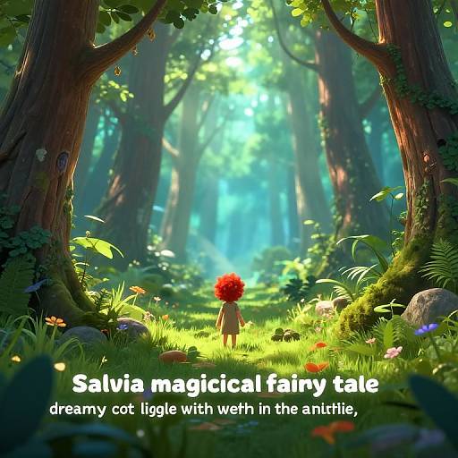 Digital artwork of a forest with sunlight filtering through trees; a small, red-haired fairy stands in the center, surrounded by vibrant greenery and flowers.