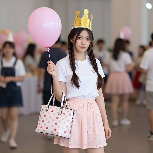 Young Asian girl with braided hair, gold crown, white shirt, pink polka dot skirt, holding pink balloon and polka dot bag. Bl