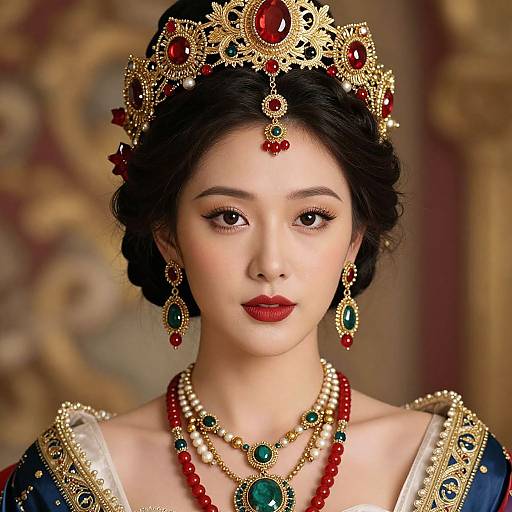 Digital illustration of an East Asian queen with dark hair, wearing an ornate gold and red crown, jewelry, and blue royal gown.