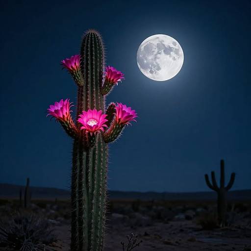 Photograph of a moonlit desert night, featuring a tall cactus with bright pink flowers illuminated against a glowing full moon.
