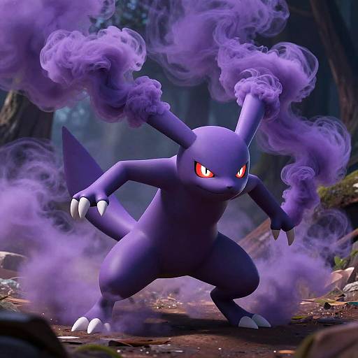 Digital artwork of a fierce, purple, Pokémon-like creature with glowing red eyes, smoke-like appendages, and sharp claws, standing in a dark,