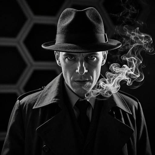 Black-and-white photograph of a serious man in a fedora and coat, with smoke curling from his mouth, hexagon-patterned background.