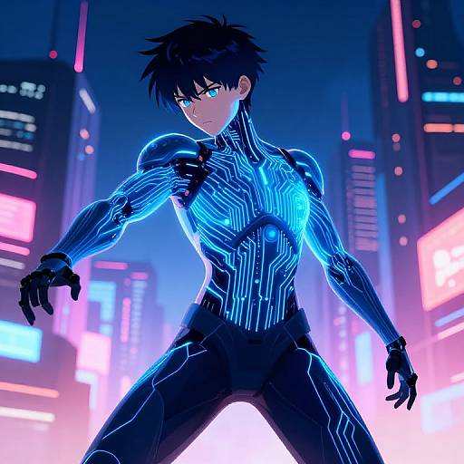 High-Tech Anime Android in Virtual Metropolis