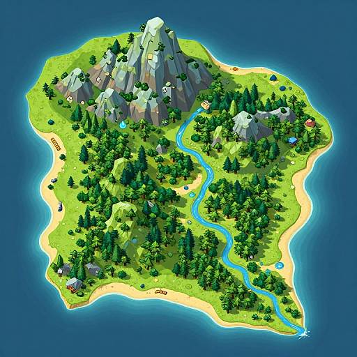 Digital top-down illustration of a vibrant, isolated island with green forests, winding blue river, rocky mountains, scattered houses, and sandy beaches surrounded by deep