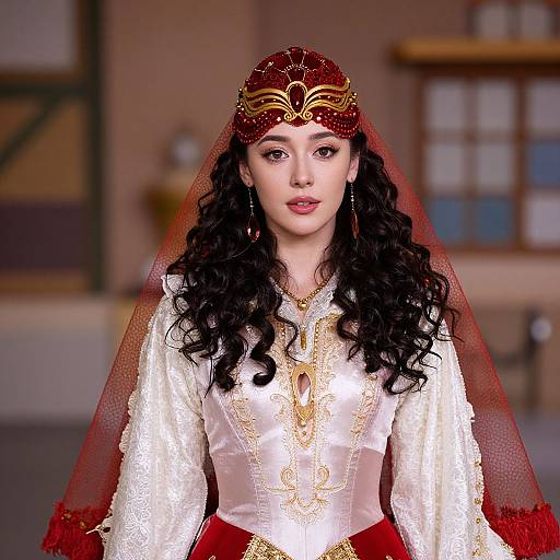 Digital artwork of a fair-skinned woman with long black curls, wearing a red and gold headdress, white lace blouse, red veil, and red