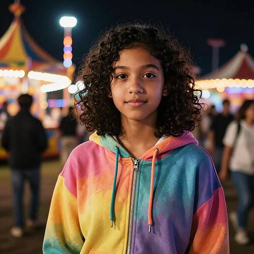 Photograph of a young girl with curly black hair, wearing a vibrant rainbow tie-dye hoodie, standing at a nighttime carnival with colorful lights and blurred