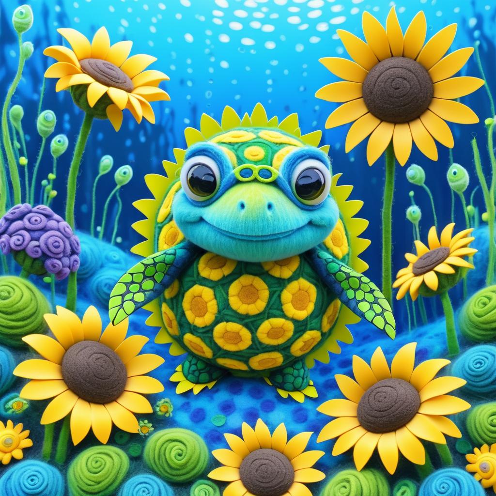 Humorous Turtle with Sunflowers in Tim Burton Style