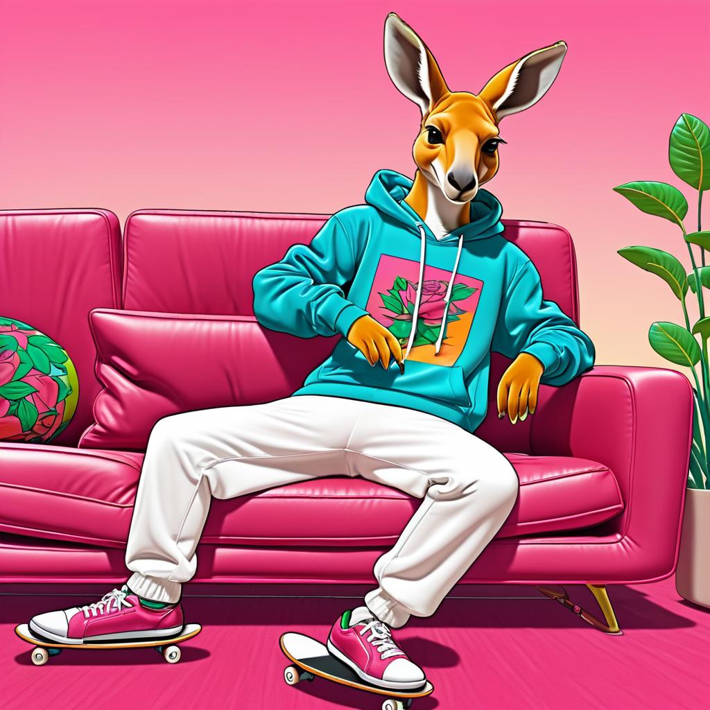 Kangaroo Skateboarding in Vibrant Comic Style