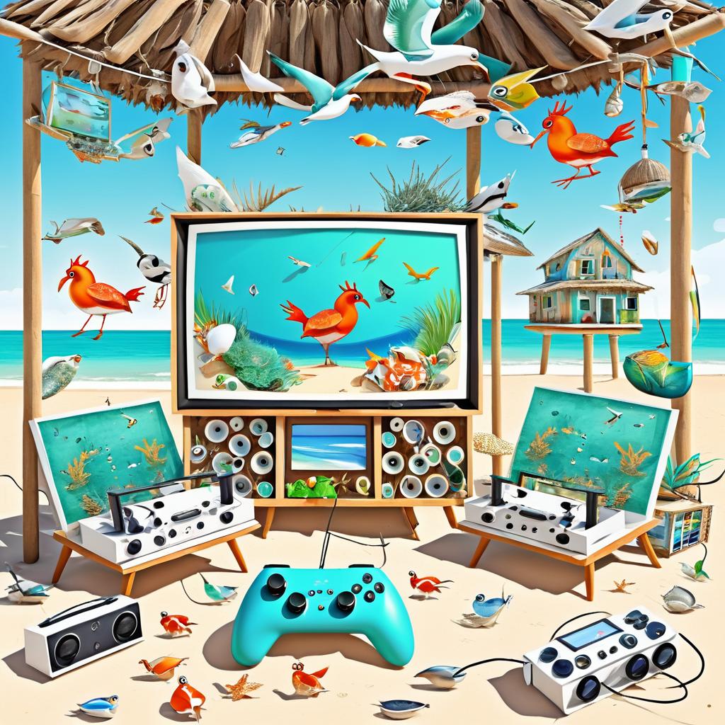 Whimsical Crab Gaming with Seagulls