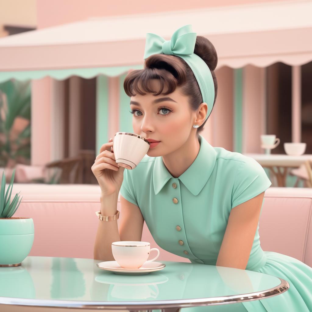 Audrey Hepburn Enjoying Espresso in Pastels