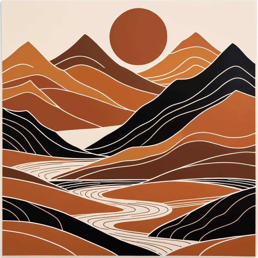 Warm Earthy Mountain Range Linocut Art