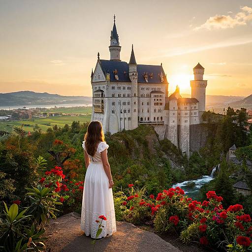 Photograph of a woman in a white dress standing on a rocky ledge, holding a bouquet, facing a grand castle at sunset with lush greenery and