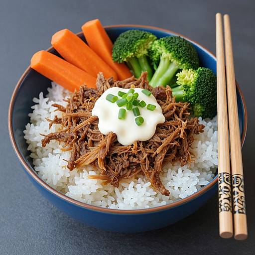 Photograph of a blue bowl with white rice, shredded beef, broccoli, carrots, white sauce, and wooden chopsticks on a dark surface.