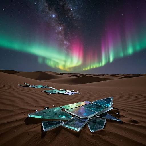 Photograph of glowing aurora borealis over a desert with scattered, illuminated ice crystals on the sandy dunes at night.