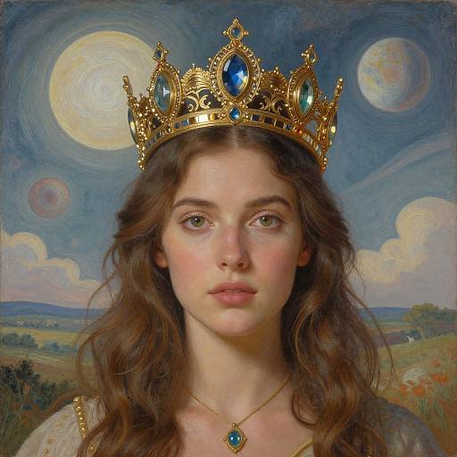 Digital painting of a young woman with fair skin and brown wavy hair, wearing a gold crown with blue jewels, and a matching necklace, against a