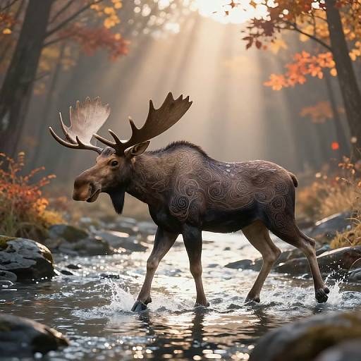 Photograph of a large moose with intricate, swirling patterns on its fur, walking through a sunlit, autumn forest stream.