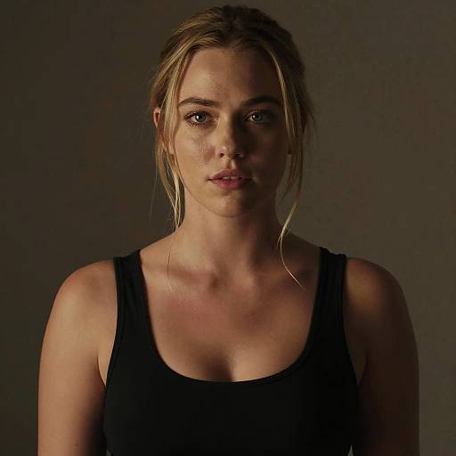 Photograph of a serious, blonde-haired woman with light skin, wearing a black tank top, against a dark, plain background.