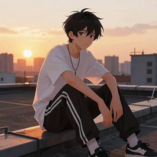 Boy on Rooftop at Sunset