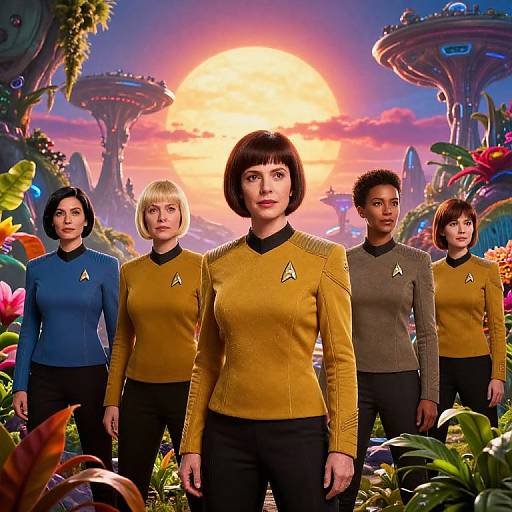 Digital artwork of five Star Trek: Discovery characters in yellow and blue uniforms, standing in a colorful, futuristic garden with floating cities and a sunset background.